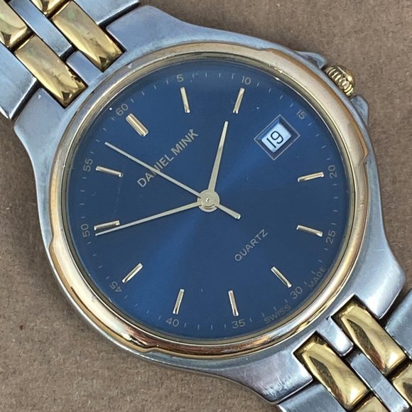 Vintage 2 Tone Daniel Mink Swiss Made Watch Elegantly Styled Blue Face - Picture 4 of 9